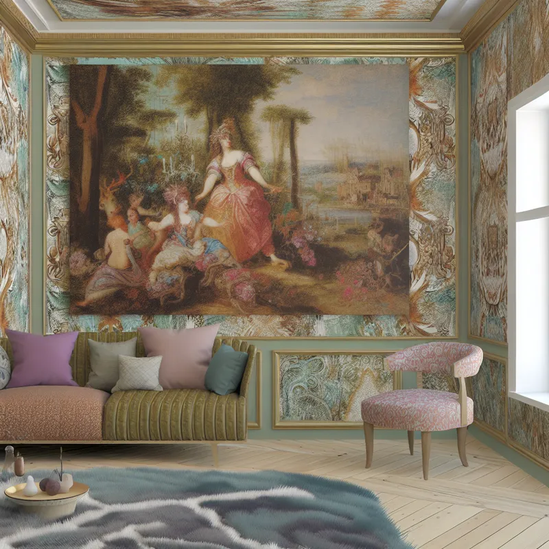 Interieur scene met een muur vol levendige kunstwerken en een luxe bank