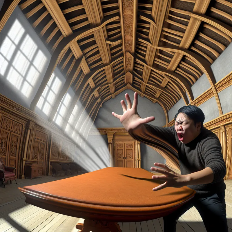 Een man slaat met zijn vuist op een grote, gepolijste houten tafel in een surrealistische kamer met hoge plafonds en gedetailleerde houtbewerking.