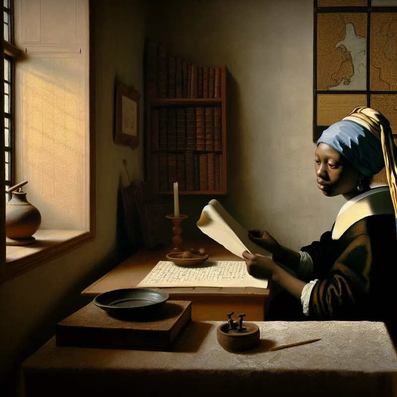 Een geleerde die nadenkt over een complexe vraag op perkament aan een houten tafel in een sfeervolle ruimte.