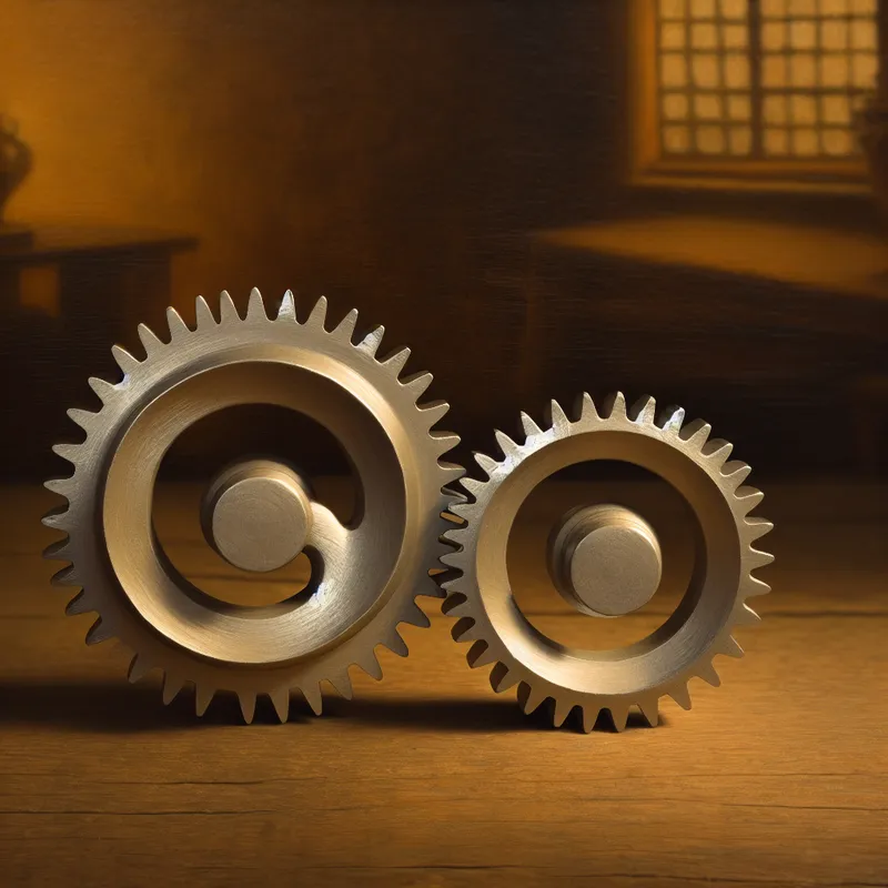 Twee in elkaar grijpende tandwielen op een houten tafel, verlicht door zacht licht met een achtergrond van een vervaagde antieke werkplaats.
