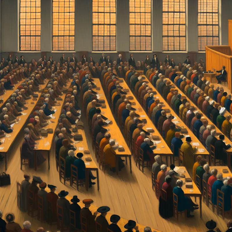 Internationaal congres met meer dan duizend deelnemers in een grote zaal, zittend aan lange houten tafels, luisterend naar sprekers op een verhoogd podium.