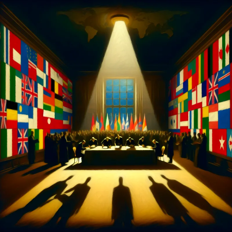 Meerdere landen vertegenwoordigd door hun vlaggen en samenwerkingsovereenkomsten die samen worden ondertekend in een zwak verlichte kamer met een enkele straal licht.