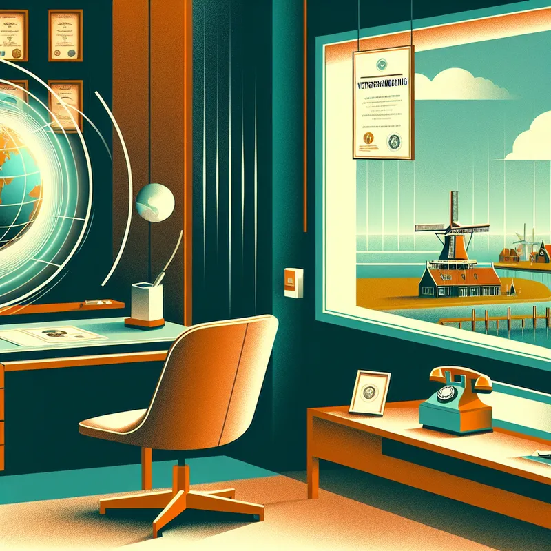Retro-futuristisch kantoor van een internationale vertegenwoordiging met Nederlandse landschapselementen zoals windmolens en grachten, een wereldbol met focus op Europa en een vintage telefoon
