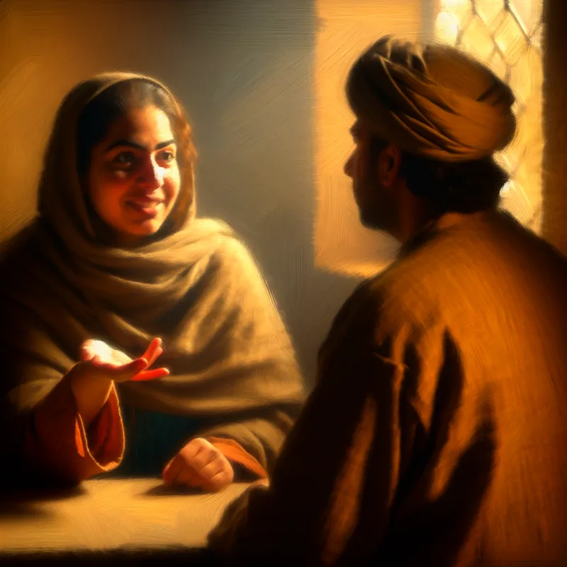 Twee personen in een zacht verlichte kamer, waarbij een persoon de ander vriendelijk aanspreekt, met aandachtige luisterhouding.