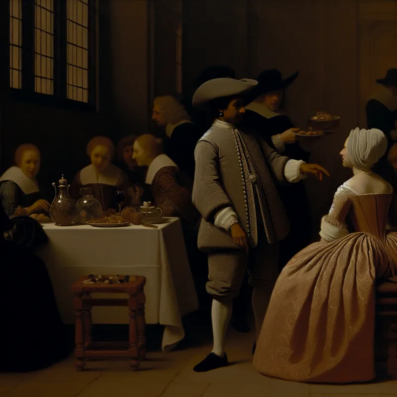 Twee elegant geklede personen in een intieme setting van een klein feestje, met rustige gesprekken en een serene sfeer