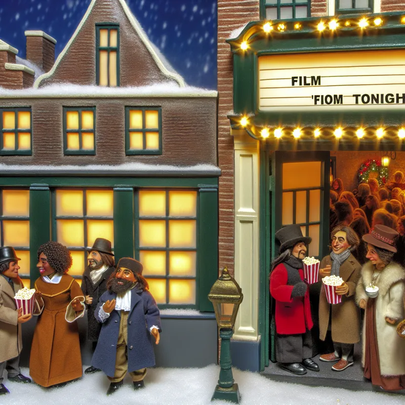 Een intieme bioscoopsetting met vrienden die staan te wachten voor de ingang, genieten van popcorn en drankjes.