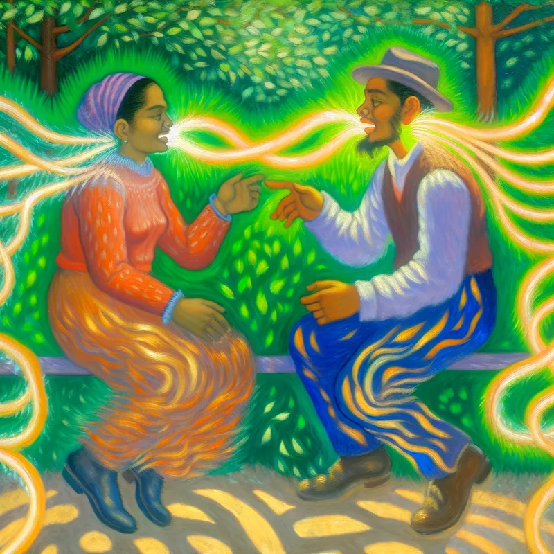 Twee mensen in een warme conversatie in een zonovergoten park, met stralende, verweven lijnen op de achtergrond die hun verbinding symboliseren.