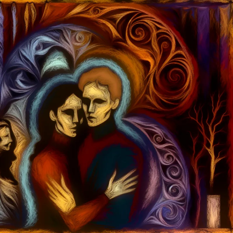 Twee close vrienden omarmen elkaar in een donkere, intieme setting, omringd door gotische details en zachte kaarslicht.