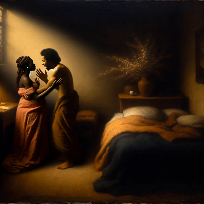 Een koppel in een rustige slaapkamer, uitdrukkend liefde en verbinding, met een warme gloed om hen heen