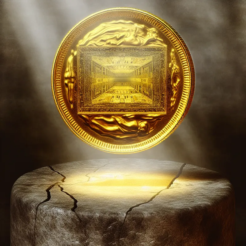 Hyperrealistisch surrealistisch schilderij van een oude gouden munt met intrinsieke waarde op een gebarsten stenen voetstuk, omringd door een dromerige achtergrond met een spookachtige historische reflectie