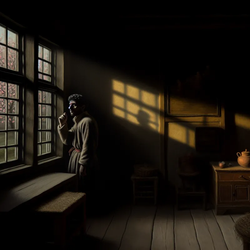 Een denker met gefronste wenkbrauwen kijkt uit een groot raam naar een zonsopgang buiten, met rustieke meubels op de achtergrond.