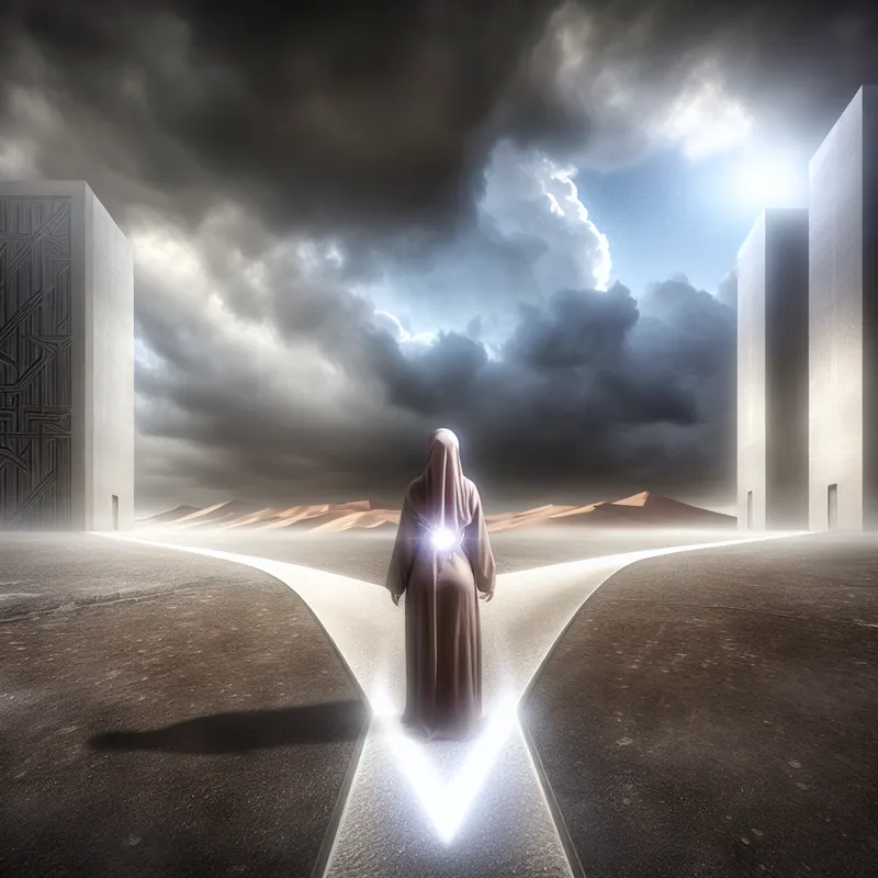 Persoon bij een kruispunt in een surrealistisch landschap met innerlijk licht dat intuïtie symboliseert, stijl van Carel Willink