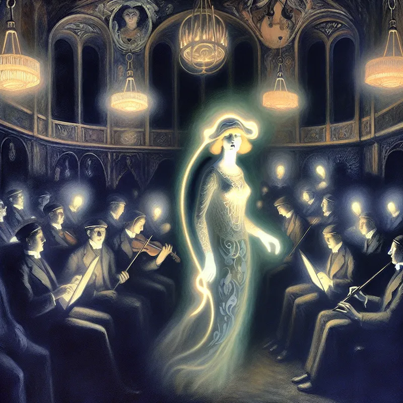 Vrouw met bovennatuurlijke intuïtie in een gotische muzieksalon, omringd door gloeiende silhouetten van muzikanten