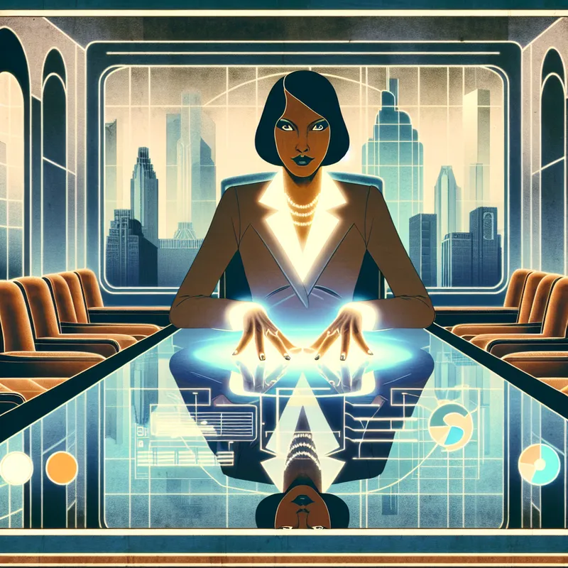 Retro-futuristische illustratie van een Amerikaanse investeerder die een bedrijf beheerst via een holografisch financieel dashboard in een stijlvolle bestuurskamer