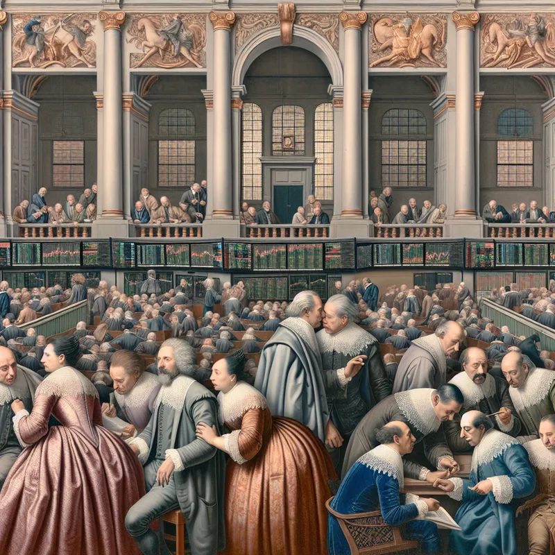 Elegante investeerders op een drukke beurs, analyserend op digitale schermen