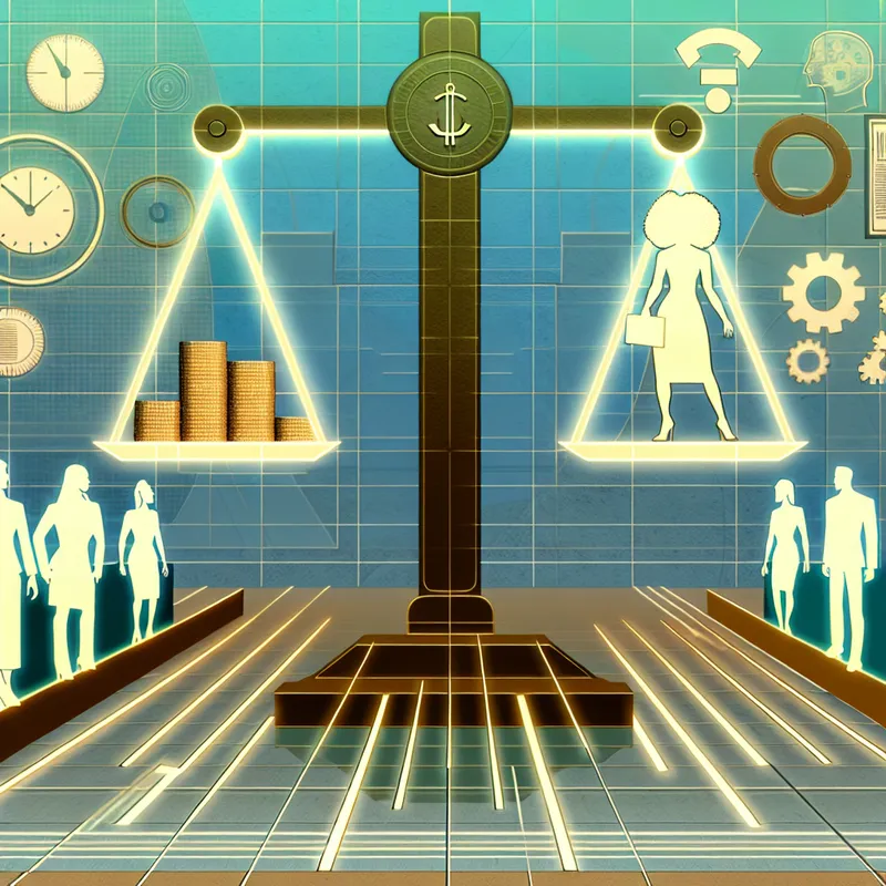 Retro-futuristische illustratie van een weegschaal in een bestuurskamer, waarbij geld zwaarder weegt dan menselijke ervaring en invloed