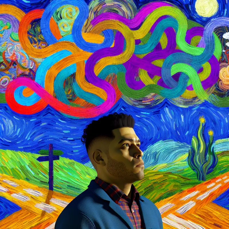 Een persoon bij een kruispunt met kleurrijke labyrinten boven hun hoofd die onbewuste gedachten symboliseren, geïnspireerd door Vincent van Gogh.