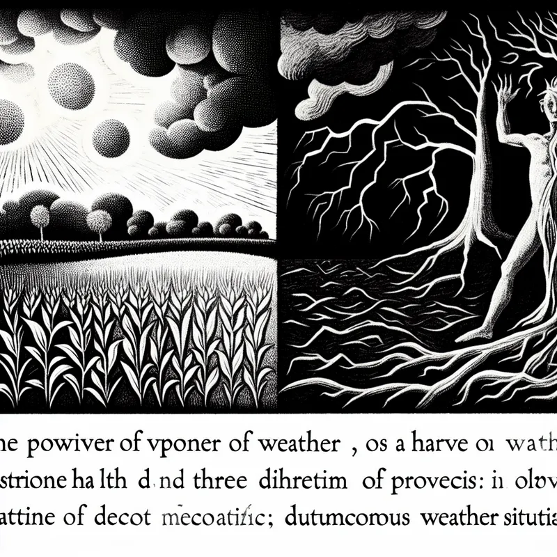 Een dramatische scène die de invloed van weer op de oogst uitbeeldt, met een vruchtbaar veld in zonlicht en donkere stormwolken.