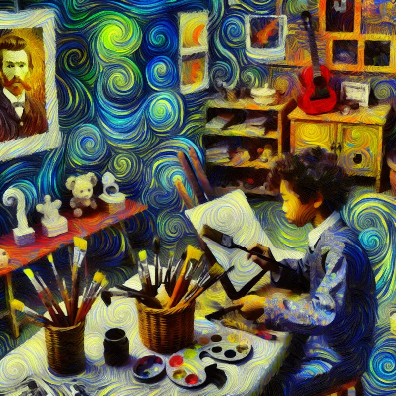 Kind omringd door kleurrijke kunst en creatieve materialen in een levendige Van Gogh-stijl omgeving, symboliserend culturele en sociale invloeden op groei