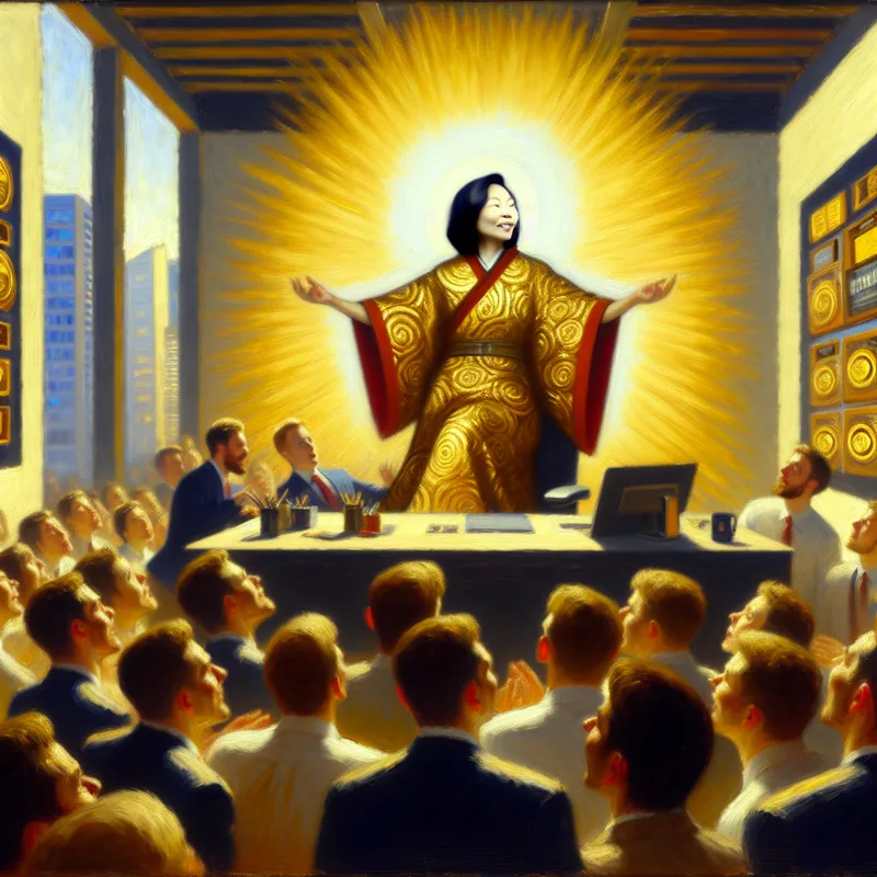 Corporate director depicted as a deity in a vibrant office scene, radiating authority.