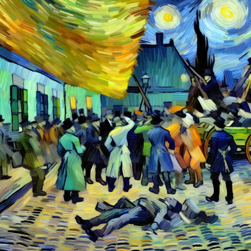 Historische scène in de stijl van Vincent van Gogh met invloedrijke figuren
