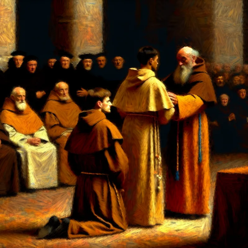 Jonge man wordt ingewijd in een religieuze gemeenschap door een oudere monnik in een verlichte kloosterzaal met dramatische schaduwen