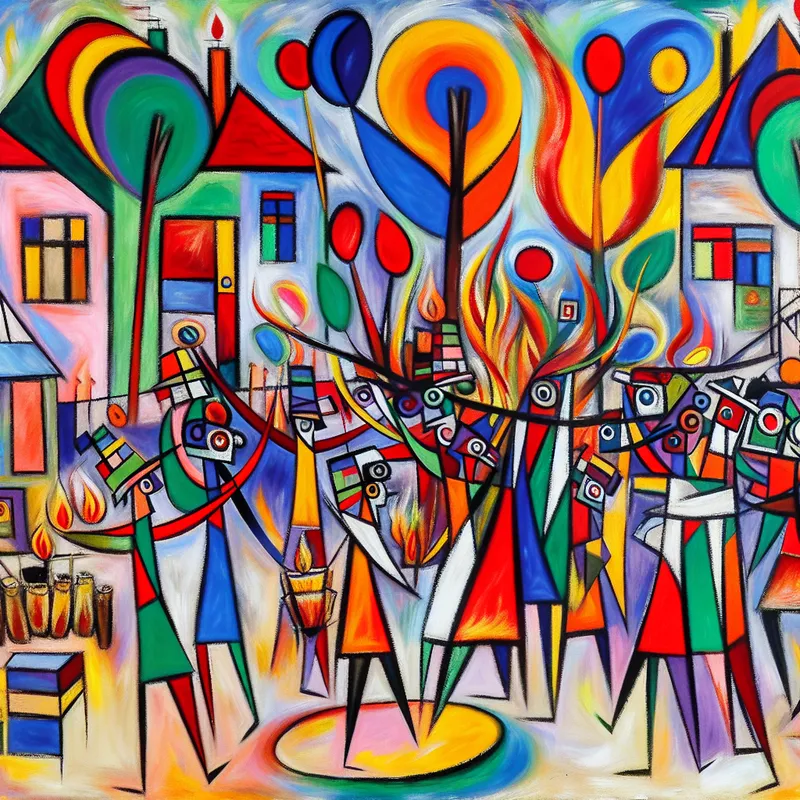 Kleurrijke, abstracte dorpsscène met vrolijke inwoners die een zomerfestival organiseren in de expressieve stijl van Karel Appel