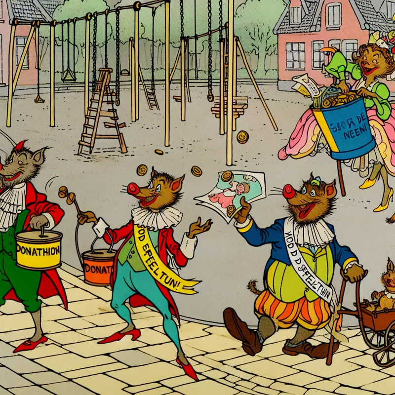 Kleurrijke cartoon van antropomorfe dieren die geld inzamelen voor een nieuwe speeltuin met vrolijke donatieboxen en sjerpen met 'Voor de Speeltuin!'