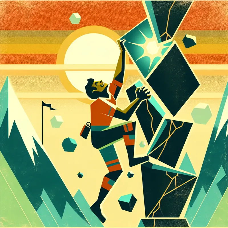 Illustratie van een vastberaden persoon die een steile, geometrische berg beklimt, symbool voor langdurige inzet en doorzettingsvermogen bij het nastreven van een doel