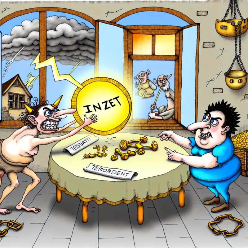 Twee cartoonfiguren onderhandelen aan een tafel met een gloeiend 'inzet'-token en een breekbaar vredessymbool, illustrerend wat er op het spel staat in een conflict