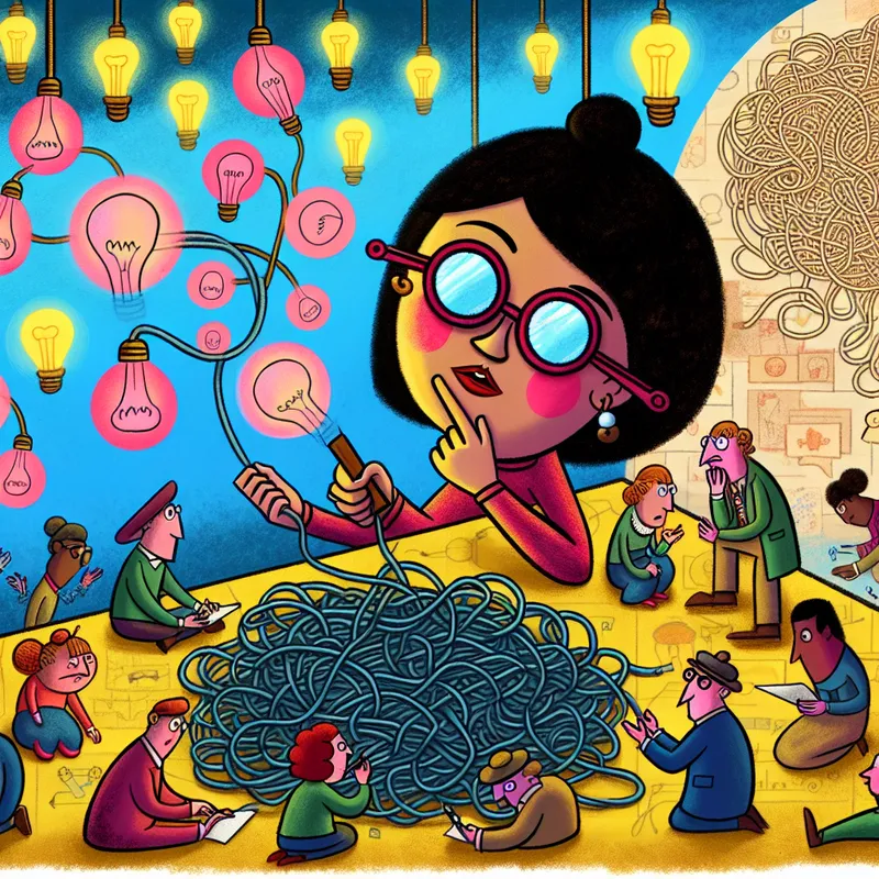 Een cartoonfiguur ontwart een complexe hoop van touw en gloeilampen, met een uitdrukking van inzicht op zijn gezicht.