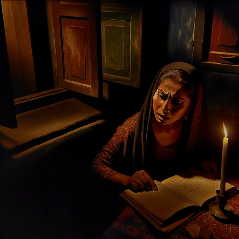 Een persoon zit aan een tafel in een zwak verlichte kamer, met een candela die hun gezicht verlicht terwijl ze contemplatief naar een open boek kijken.