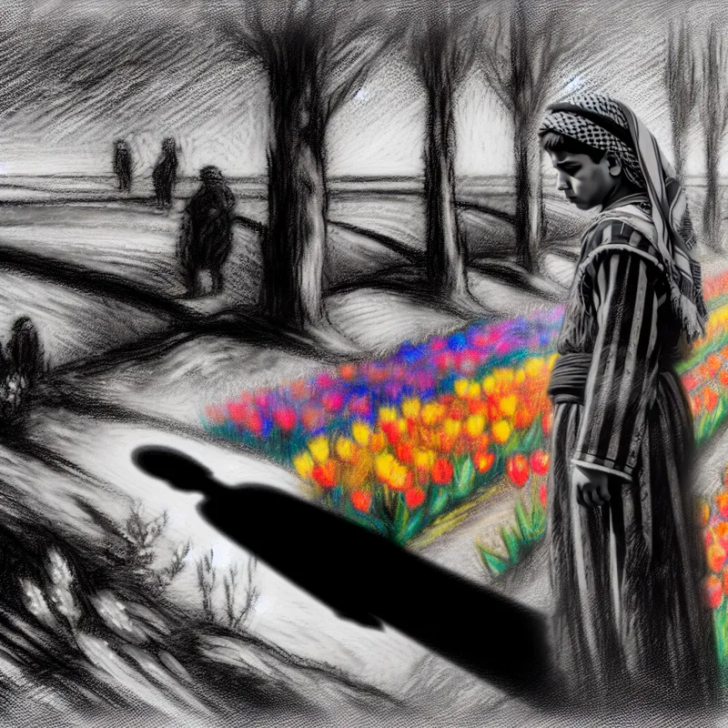 Een jonge Iraakse vluchteling in traditionele kleding, staande op de rand van een kleurrijk Nederlands landschap, met een contemplatieve blik op een verre, verwelkomende dorp.