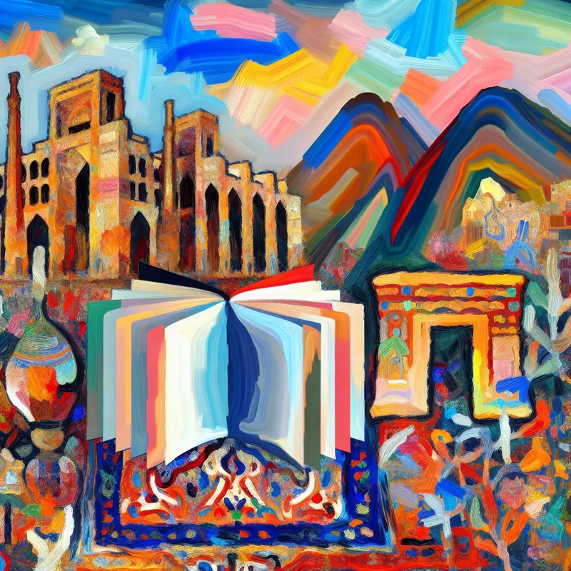 Abstracte afbeelding van Iraanse cultuur met een traditioneel Perzisch tapijt, open boeken en silhouetten van Persepolis tegen een kleurrijke lucht.