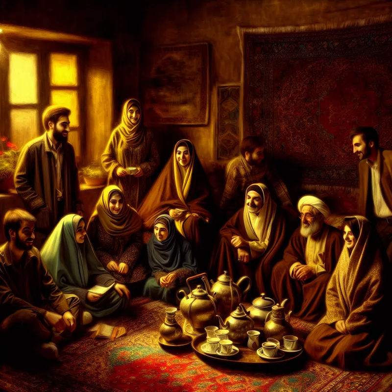 Iraanse mensen verwelkomen gasten in hun huis, omringd door traditionele cultuurelementen zoals prachtige tapijten en een thee-serveerservice.