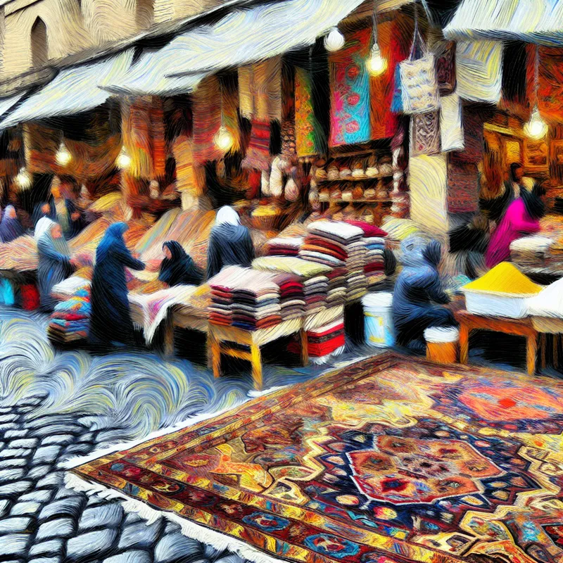 Een levendige markt met een prominent weergegeven Perzisch tapijt omringd door verschillende Iraanse producten.