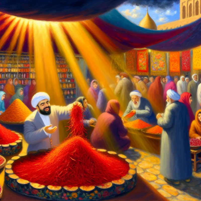 Levendige markt waar een vrolijke handelaar Iraanse saffraan in luxe verpakkingen toont te midden van kleurrijke kraampjes vol specerijen en ambachtelijke producten.