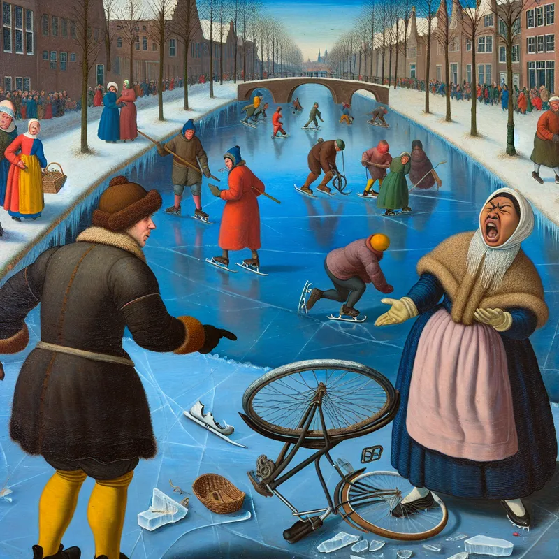 Twee mensen in een levendige winterse scène op een bevroren kanaal, waarbij de ene persoon boos wijst naar een kapotte fiets terwijl de ander geïrriteerd 'Bedankt, hoor!' zegt met een ironische uitdrukking