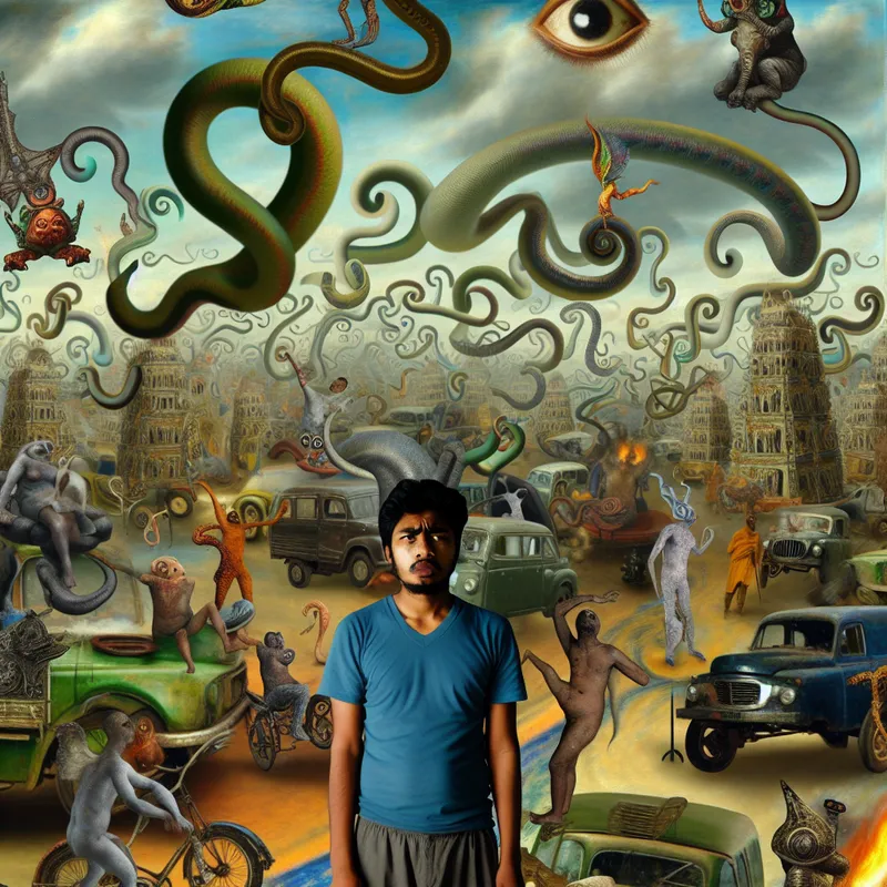 Een persoon staat in een chaotische stedelijke omgeving, omringd door vreemde wezens en bizarre gebeurtenissen, met een verbijsterde en gestreste uitdrukking.