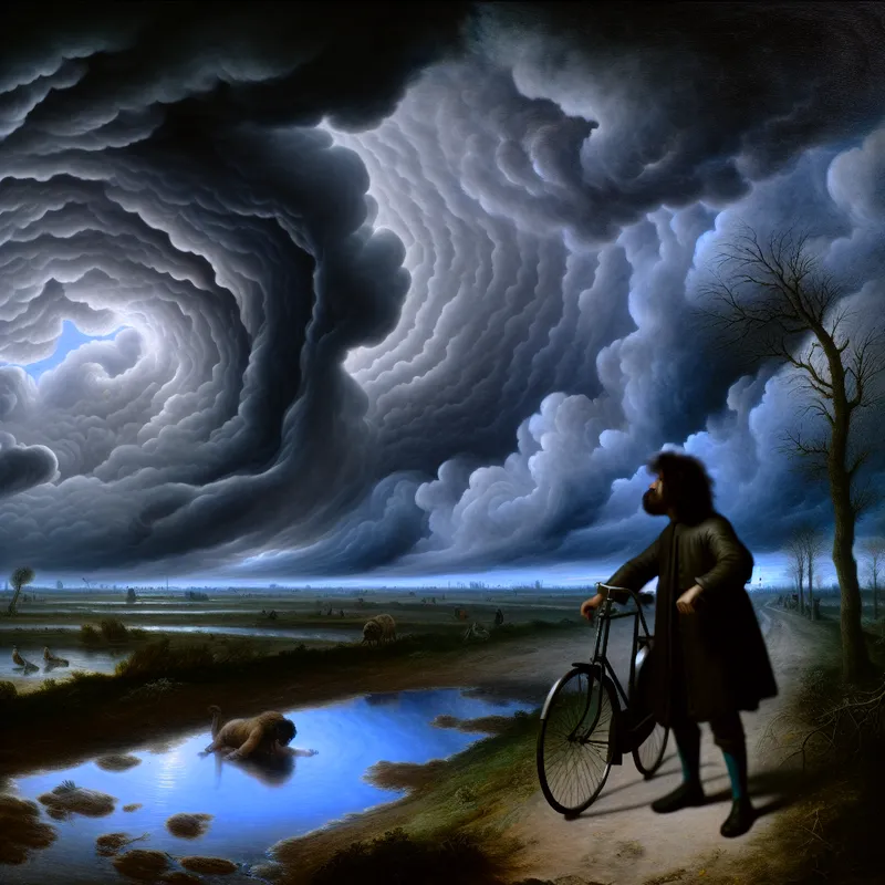 Een gefrustreerde persoon met een fiets in een regenachtig 17e-eeuws Nederlands landschap, met donkere wolken en modderige paden