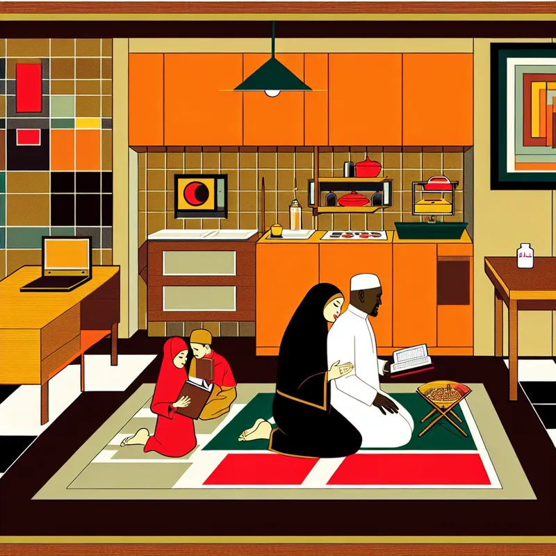 Moderne illustratie van een moslimgezin dat islamitische wetten toepast in het dagelijks leven, met gebed, halal koken en Koranstudie in een retro-futuristisch interieur