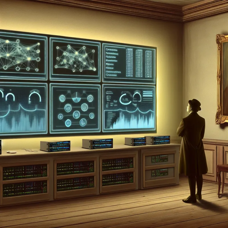 Een serene IT-controlruimte met een groot digitaal scherm dat netwerkstatistieken toont, omringd door technologie zoals kabels en routers.