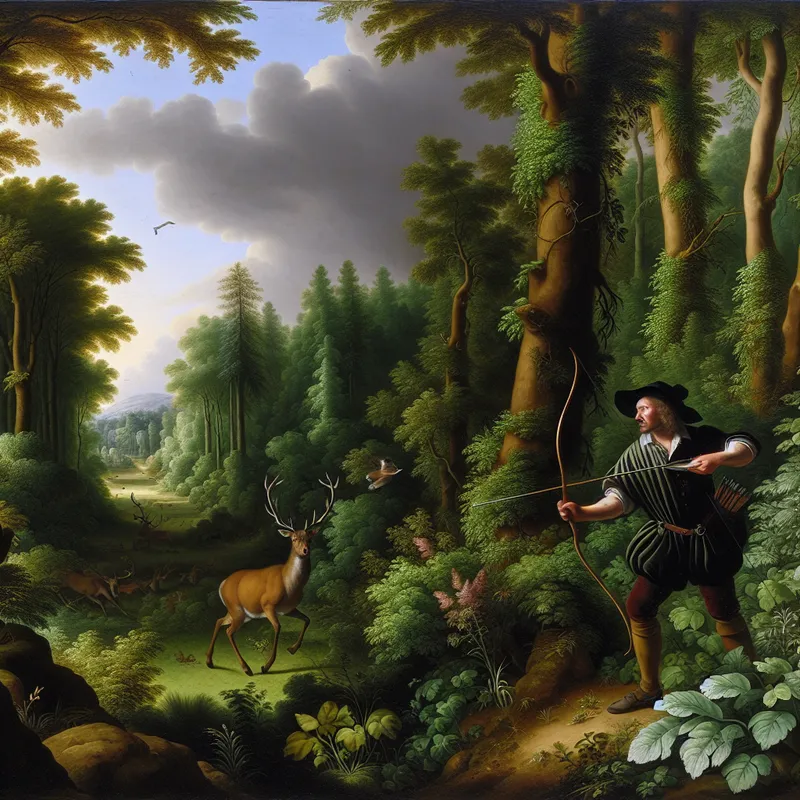 Jager in traditionele kleding jacht op groot wild in een dicht bos onder een dramatische lucht, met een boog in de aanslag.