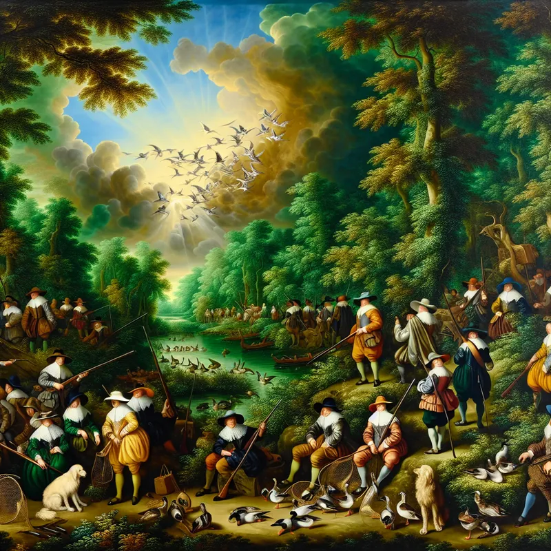 Voorstelling van jagers in traditionele kleding die zich voorbereiden op een eendenjacht in een weelderige groene bosomgeving, met retrieverhonden aan een kalm meer.