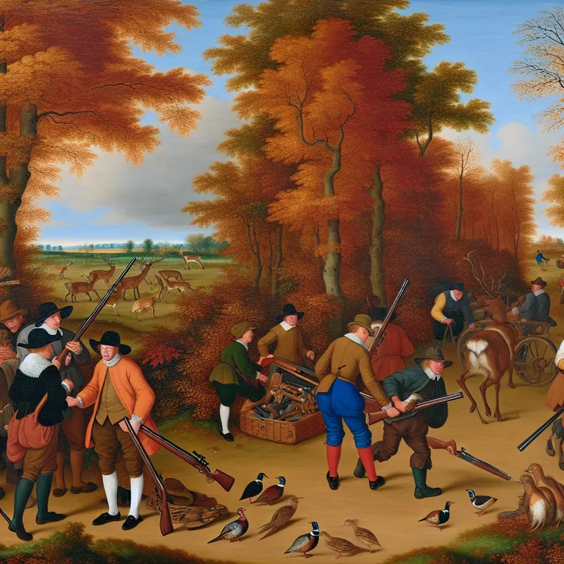 Een levendige herfstscène met jagers in traditionele kledij die zich voorbereiden op het jachtseizoen, met dieren zoals herten en fazanten in de omgeving.