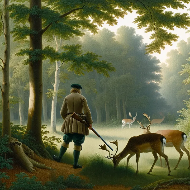 Jager in elegante kleding observeert twee herten in een rustige open plek in een Nederlands bos.