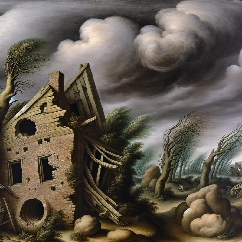 Dramatisch landschap in de stijl van Jacob van Ruisdael met een oud huis waar de wind jammerend doorheen waait, omringd door donkere wolken en woeste bomen