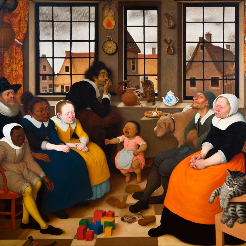 Groep mensen in een gezellig huis bij het raam, kijkend naar regen, met typisch Jan Steen details.