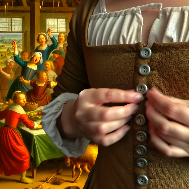 Jan Steen-stijl schilderij van een persoon die een blouse dichtknoopt in een levendige kamer