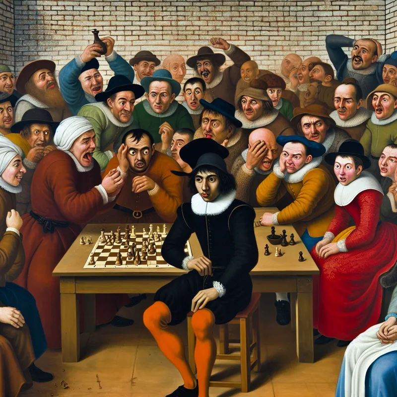 Jonge man bij een schaaktoernooi in tweede plaats, omringd door levendige toeschouwers